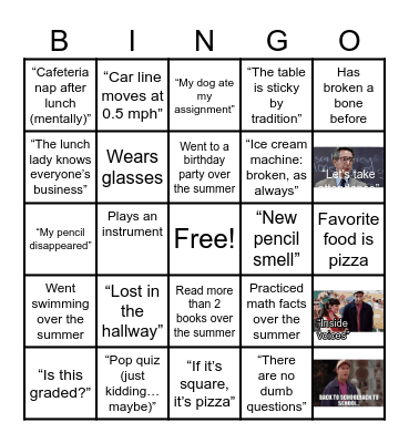 Back to School Bingo Card