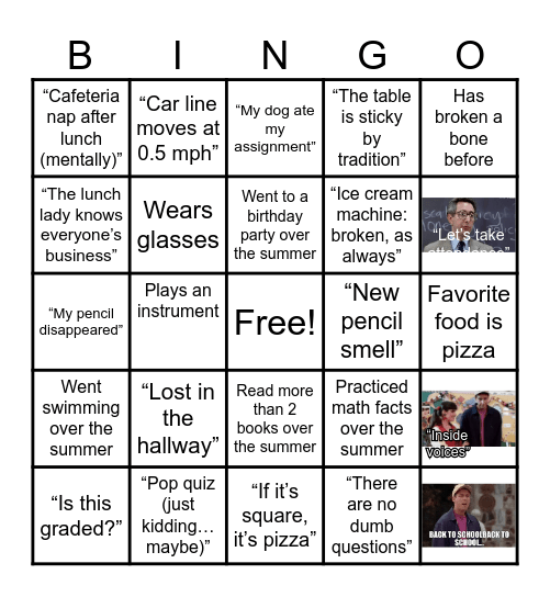 Back to School Bingo Card