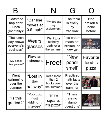 Back to School Bingo Card