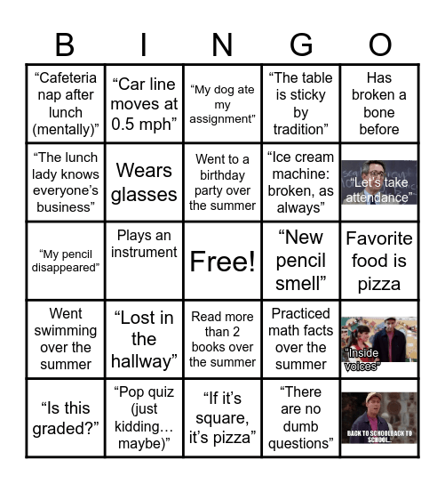 Back to School Bingo Card