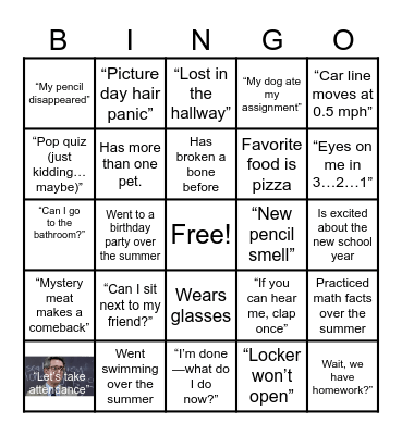 Back to School Bingo Card