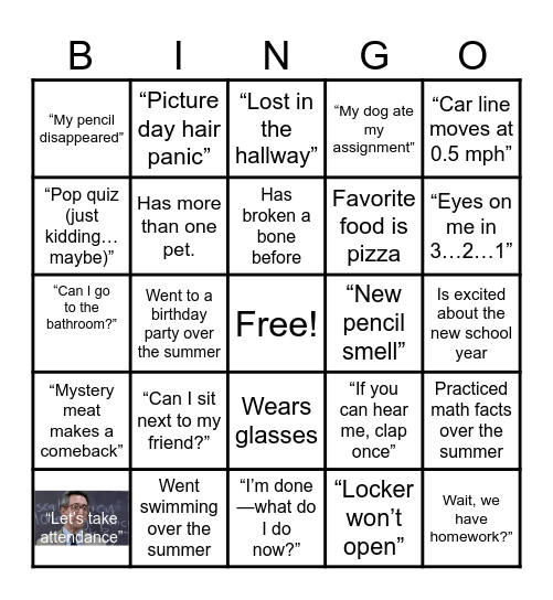 Back to School Bingo Card