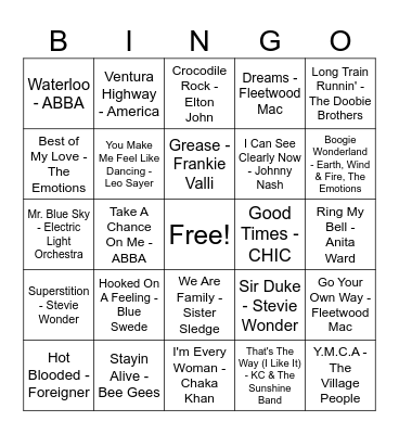 70s Summer Hits Bingo Card