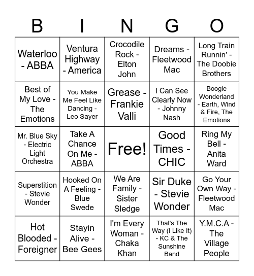 70s Summer Hits Bingo Card