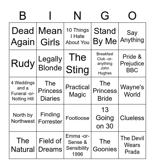 Summer Cinema Club Bingo Card