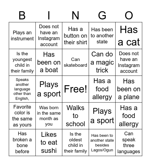 Person Bingo Card