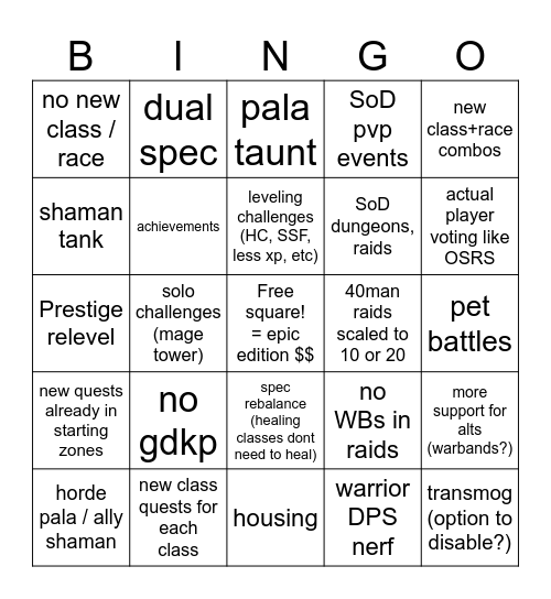 Classic+ Bingo Card