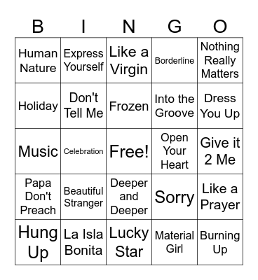 Madonna Night Bingo Card