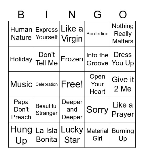 Madonna Night Bingo Card