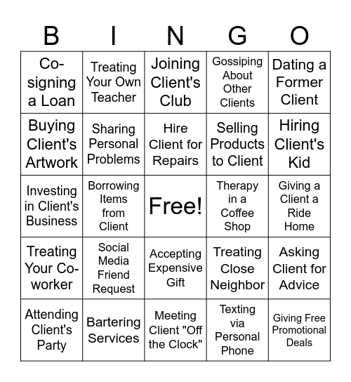 Dual Relationship No-No-No-Nos Bingo Card