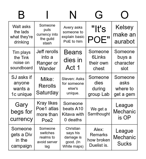 Poe Weekend Bingo Card