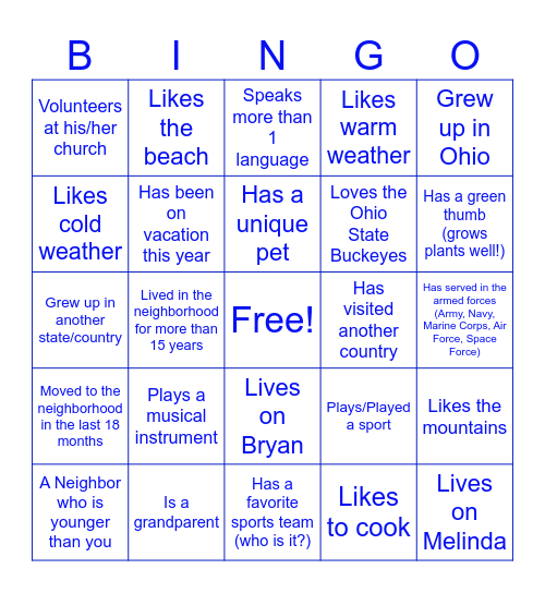 Block Party Neighbor BINGO Card