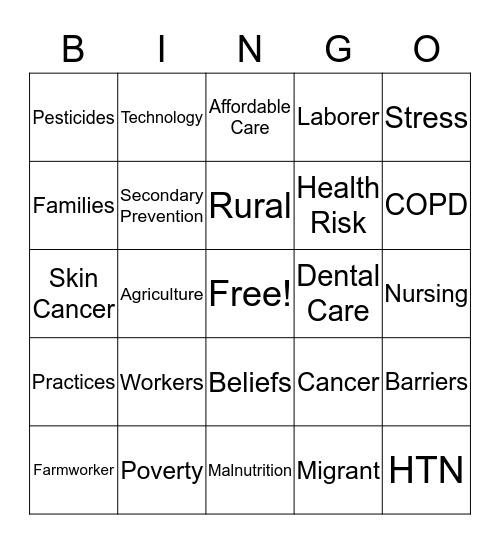 Rural and Migrant Health Bingo Card