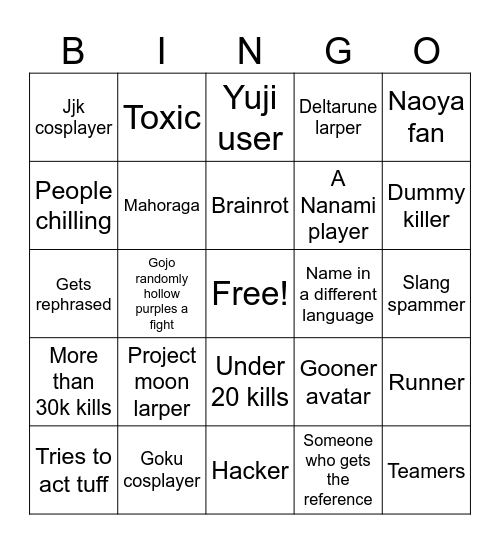 Jujutsu Shenanigans Bingo Card