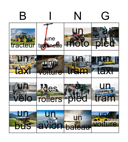 les moyens de transport Bingo Card