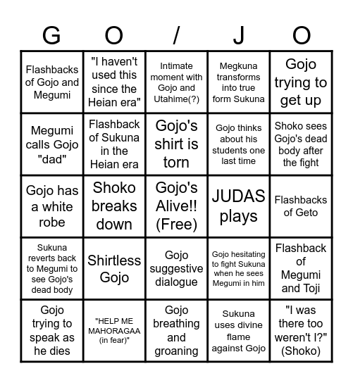 Gojo vs Sukuna predictions Bingo Card