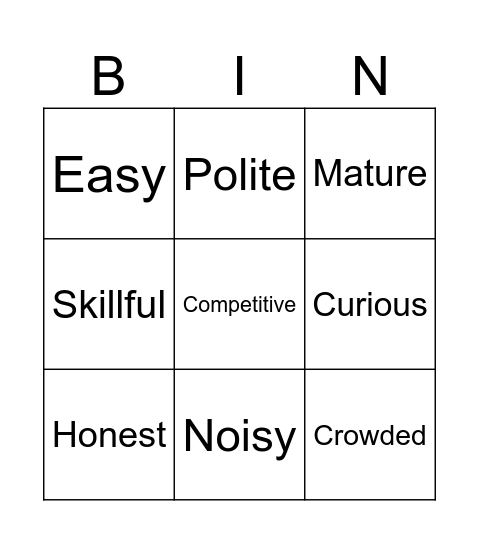 Comparative card Bingo Card