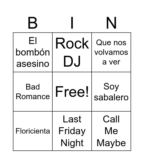 Bingo Musical Bingo Card