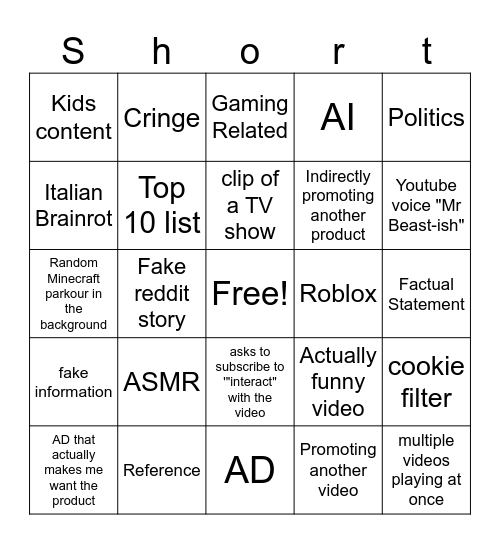 Signed out youtube shorts bingo! Bingo Card