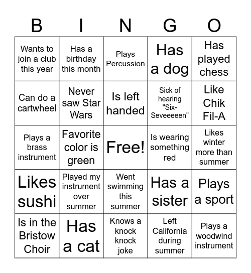Band Bingo! Bingo Card
