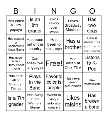 Choir Bingo Card