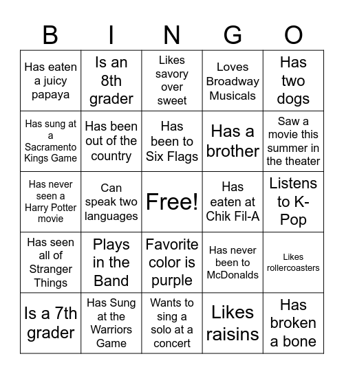Choir Bingo Card
