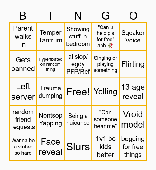 Annoying child on vc Bingo Card