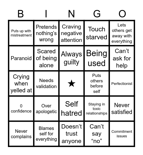 Attachment Issues Bingo Card
