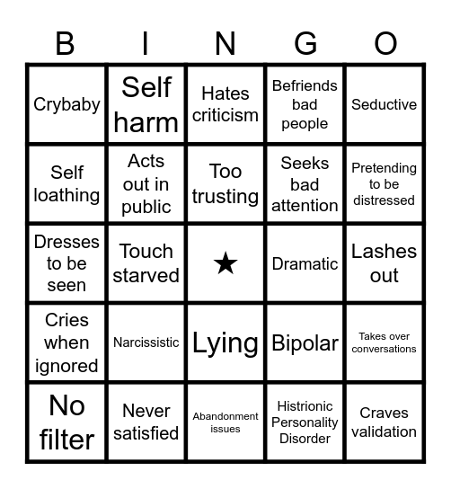 Attention Seeking Bingo Card