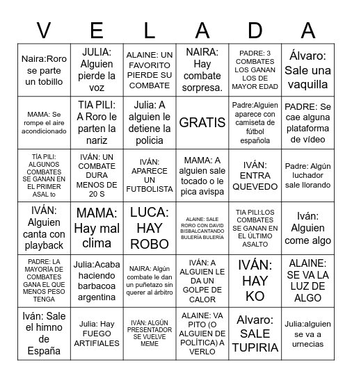 VELADA VI Bingo Card
