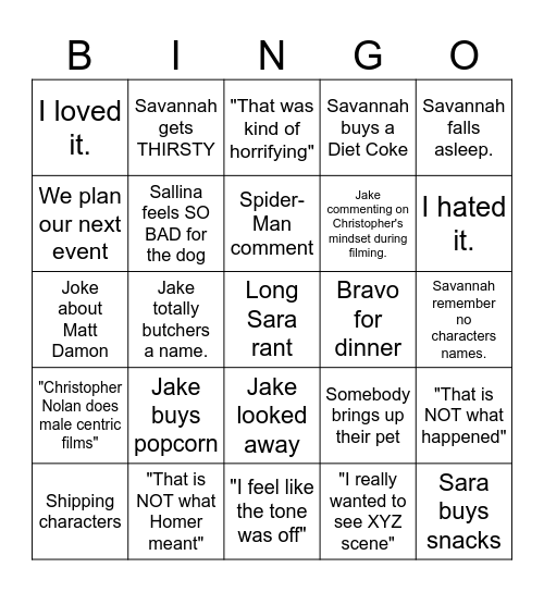 Odyssey Bingo Card