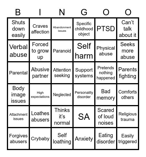 Trauma Bingo Card