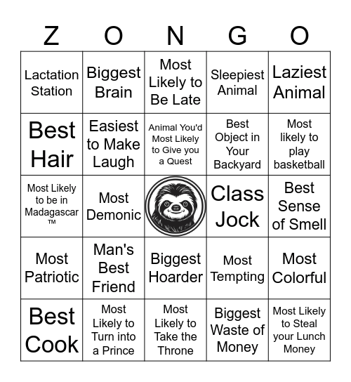 Zoo Bingo Card