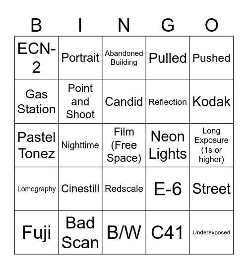 Film Photography Bingo Card