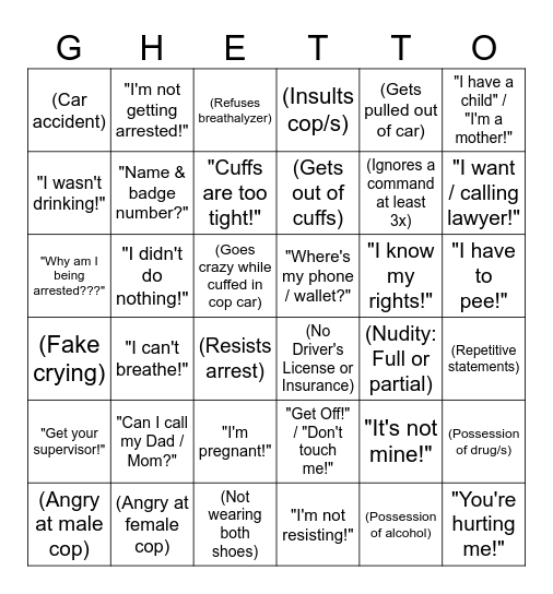 GHETTO BINGO 001 Bingo Card