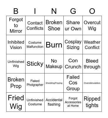 Cosplay Disaster Bingo Card