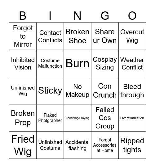 Cosplay Disaster Bingo Card