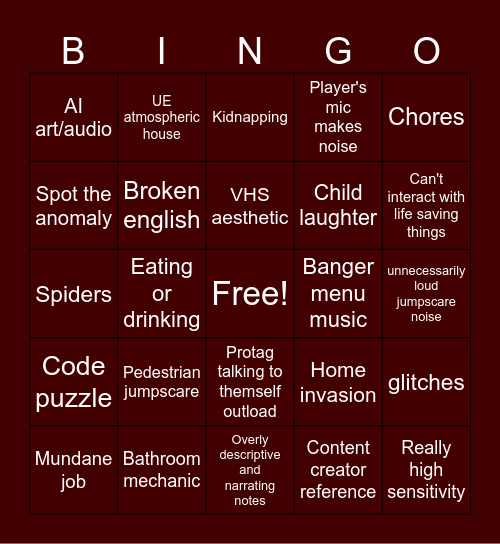 Indie Horror Game Bingo Card