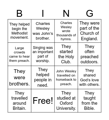 Wesley Brothers Bingo Card