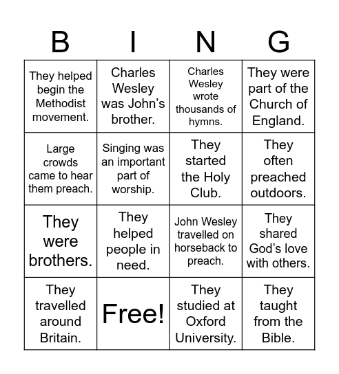 Wesley Brothers Bingo Card