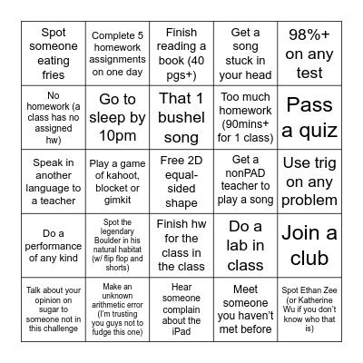 School Bingo Card