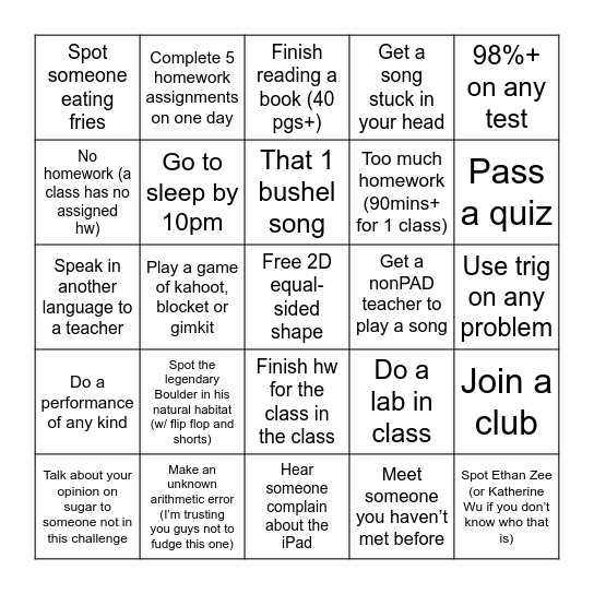 School Bingo Card