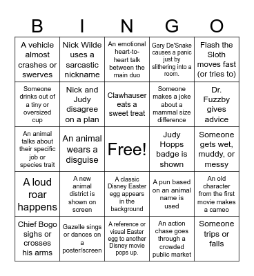 Zootopia 2 Bingo Card