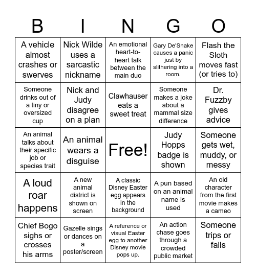 Zootopia 2 Bingo Card