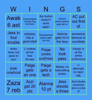 DALLAS WINGS Bingo Card