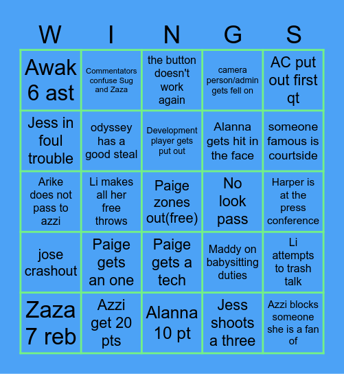 DALLAS WINGS Bingo Card