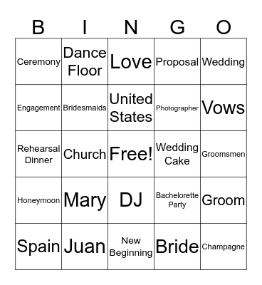 Mary's Bridal Shower Bingo Card