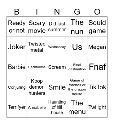 Scary movie Bingo Card