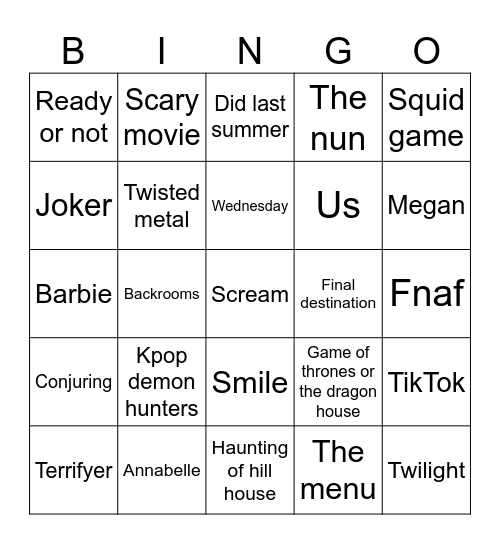 Scary movie Bingo Card