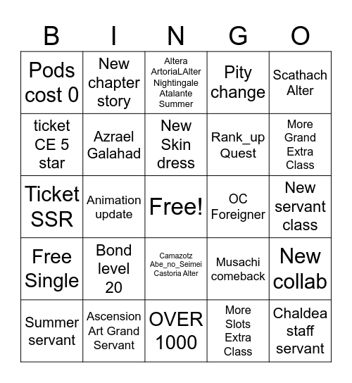 11th FGO Fest Bingo Card